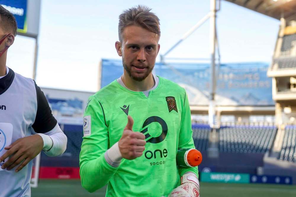 Valour FC Goalkeeper Jonathan Sirois gives the thumbs up Wednesday after recording his second clean sheet of the season. (Robert Reyes Ong / Canadian Premier League)