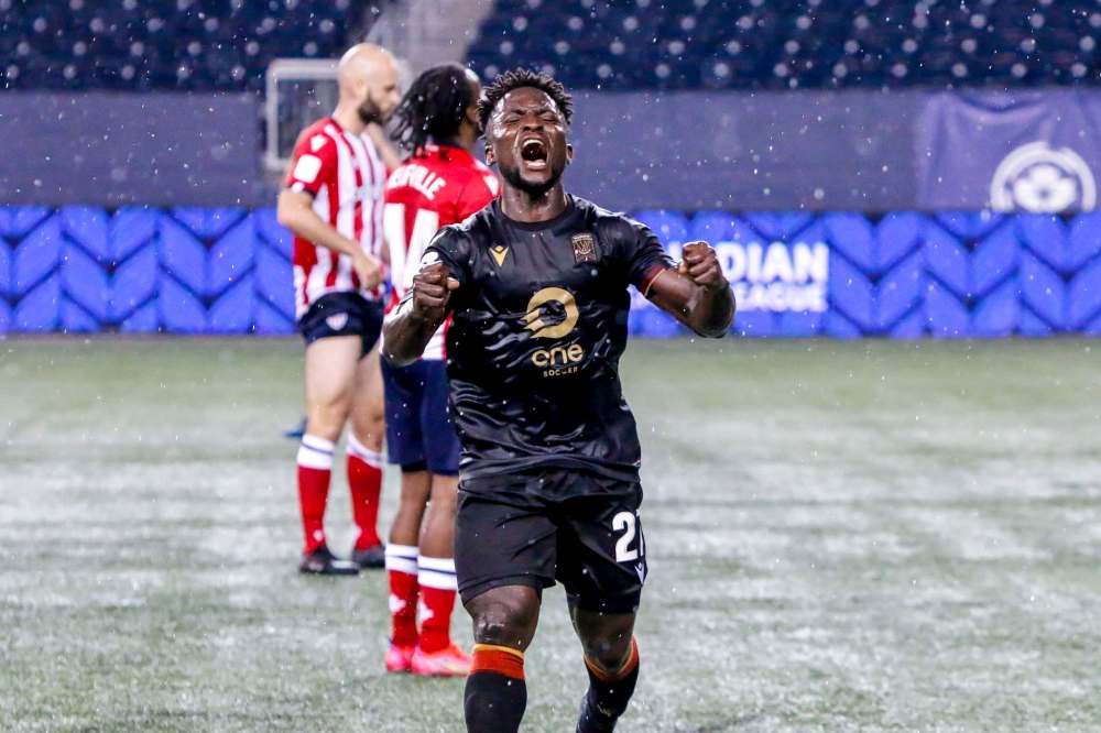 Raphael Ohin of Valour FC celebrates his first-half goal against Atlético Ottawa Saturday evening. (Canadian Premier League / Robert Reyes / William Ludwick)