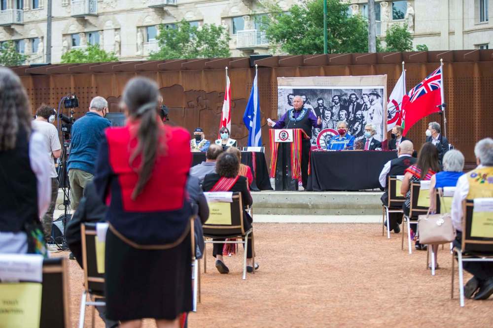 MIKAELA MACKENZIE / WINNIPEG FREE PRESS
Chartrand speaks at the signing ceremony that was held at Upper Fort Garry Heritage Provincial Park in Winnipeg on Tuesday.
