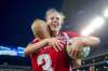 Antoine Coupland (right) of Atlético Ottawa celebrates his first career goal with teammate Milovan Kapor. (Robert Reyes / Canadian Premier League)