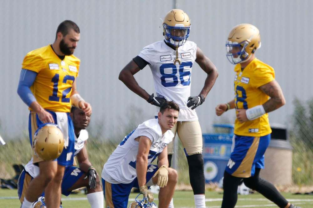 JOHN WOODS / WINNIPEG FREE PRESS
Standing 6-6 and weighing 220 pounds, Agudosi impressed at camp and is eager to prove he’s more than just a big body.