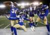 Mercy Maston (from left), Winston Rose, Anthony Gaitor, Marcus Sayles and Chandler Fenner celebrate an interception against Calgary in 2019. Maston is out for the season after tearing his right Achilles on Sunday. (John Woods / The Canadian Press files)