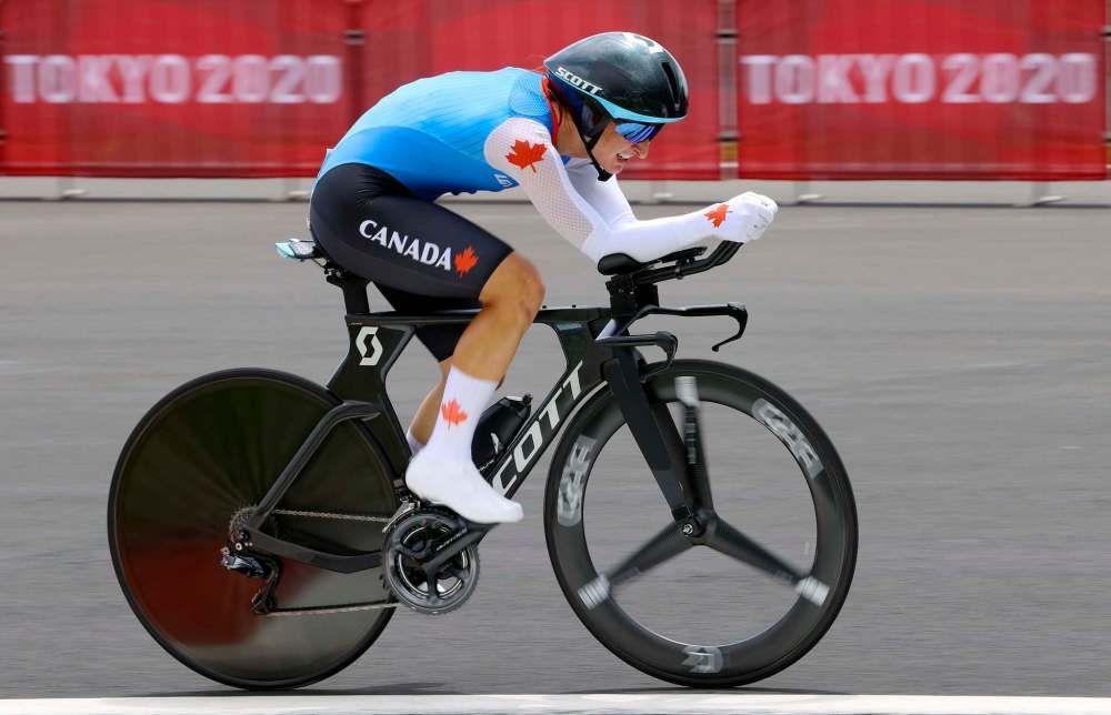 Leah Kirchmann finished 12th in the women's cycling individual time trial in Tokyo. (Tim de Waele / Pool Photo)