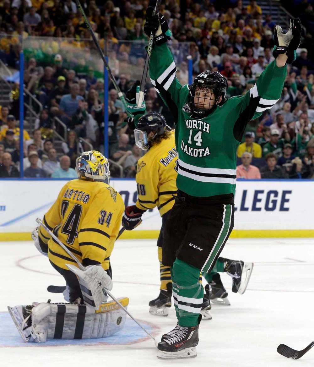 Chris O'Meara / The Associated Press files
Austin Poganski played for four years at the University of North Dakota.