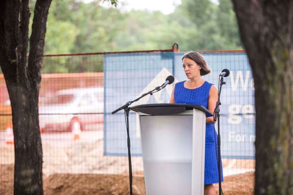 MIKAELA MACKENZIE / WINNIPEG FREE PRESS VP of finance and operations at The Forks Sara Stasiuk speaks at a funding announcement for Railside at The Forks development in Winnipeg on Thursday, Aug. 5, 2021. For Cody story. Winnipeg Free Press 2021.