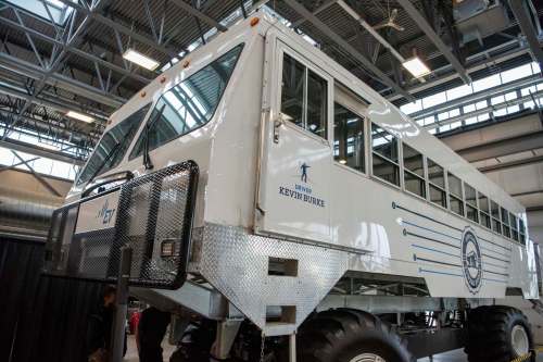 The fully electric Tundra Buggy is 16 feet tall, 12 feet wide, and 45 feet long.