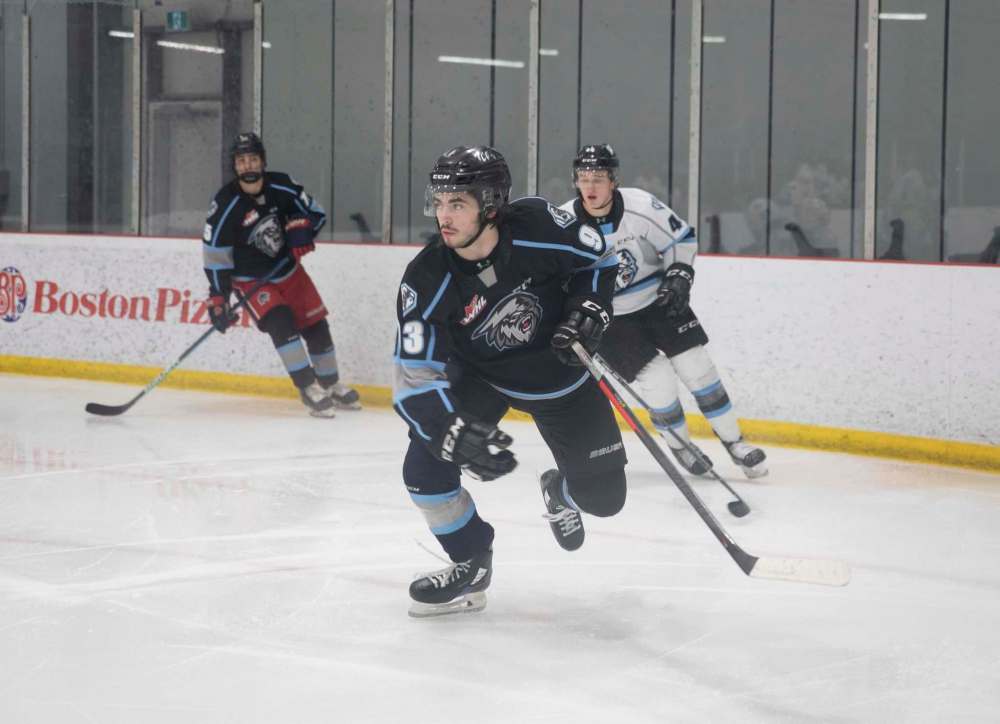 Matt Savoie skates after the puck during Ice scrimmage Monday. (Jessica Lee / Winnipeg Free Press)