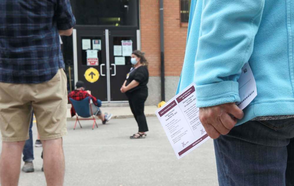 RUTH BONNEVILLE / WINNIPEG FREE PRESS
Voters wait in line to cast their ballots on the last day of early voting at RA Steen Community Centre in Winnipeg Monday.