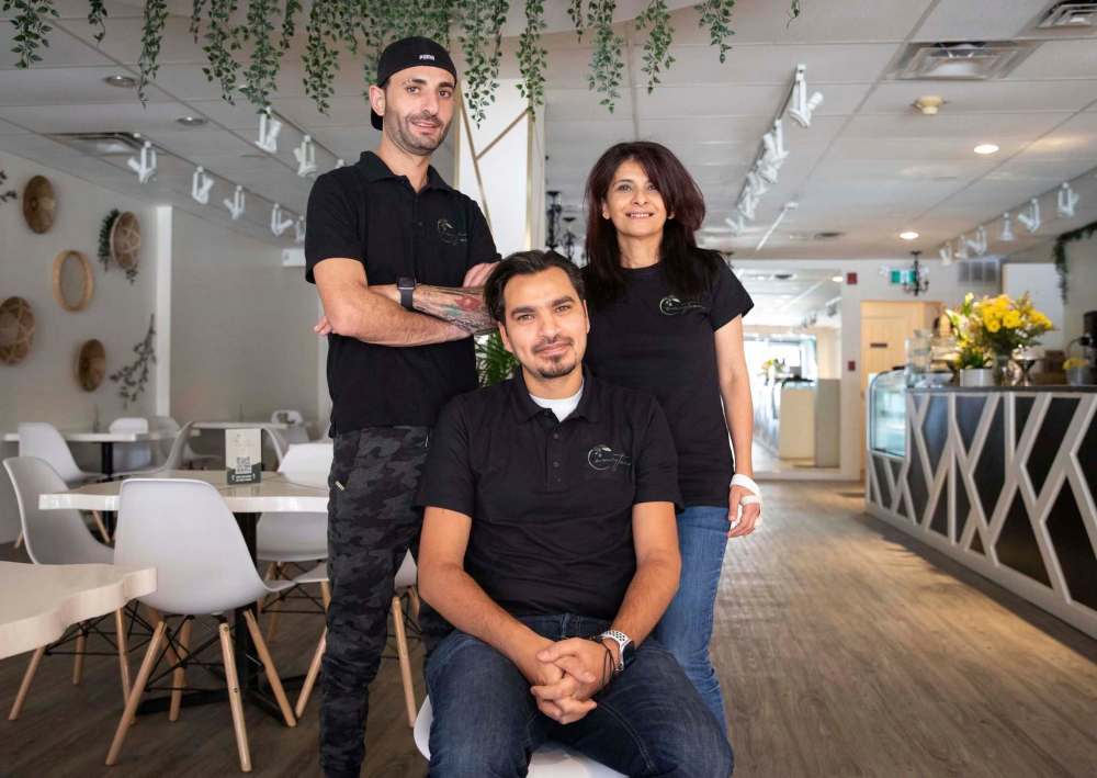 Photos by JESSICA LEE / WINNIPEG FREE PRESS
From left: Longtime friends Mohammed Watan, Huthaifa Alomari and Bassma Zahran opened Zaytoon, a Middle Eastern restaurant, in Osborne Village.
