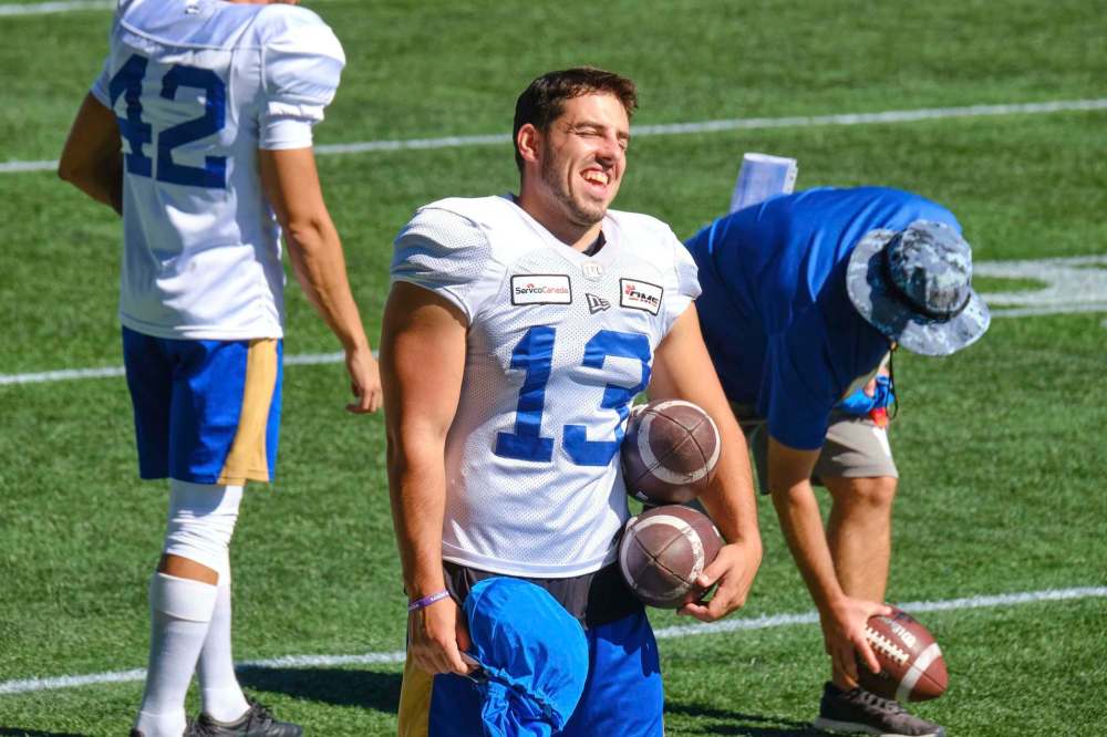 MIKE DEAL / WINNIPEG FREE PRESS
Winnipeg Blue Bombers current kicker Marc Liegghio has a laugh during practice at IG Field Tuesday morning.