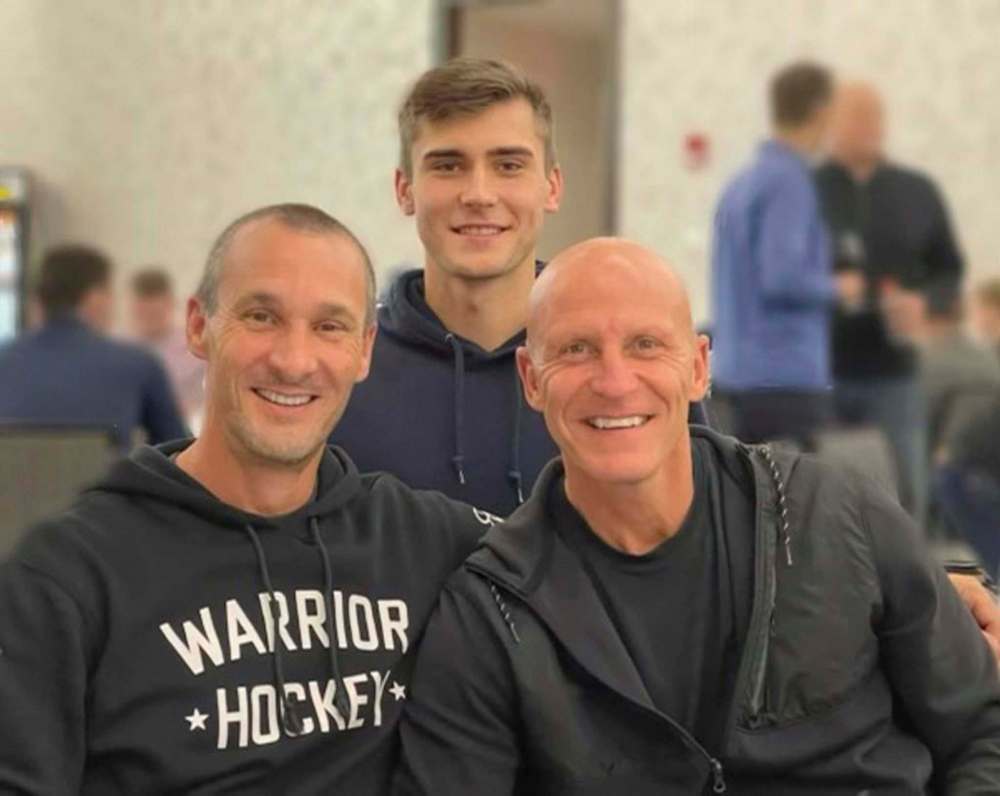 SUPPLIED
Justin Johnson (middle) with the only other two Manitobans currently wearing stripes in the NHL – Ryan Galloway (left) and Vaughan Rody (right). Galloway was hired in 2002, Rody in 2000 – and now the 23-year-old Johnson joined them this year. Photo taken earlier this week in Buffalo, at NHL officials camp.