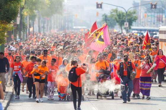 MIKAELA MACKENZIE / WINNIPEG FREE PRESSThousands of marchers walk from the Canadian Museum for Human Rights to St. John's Park on the first National Day for Truth and Reconciliation in Winnipeg on Thursday.