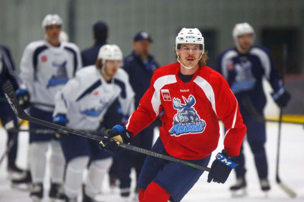 MIKE DEAL / WINNIPEG FREE PRESS
Manitoba Moose' Dean Stewart during practice at MTS Iceplex Monday morning.