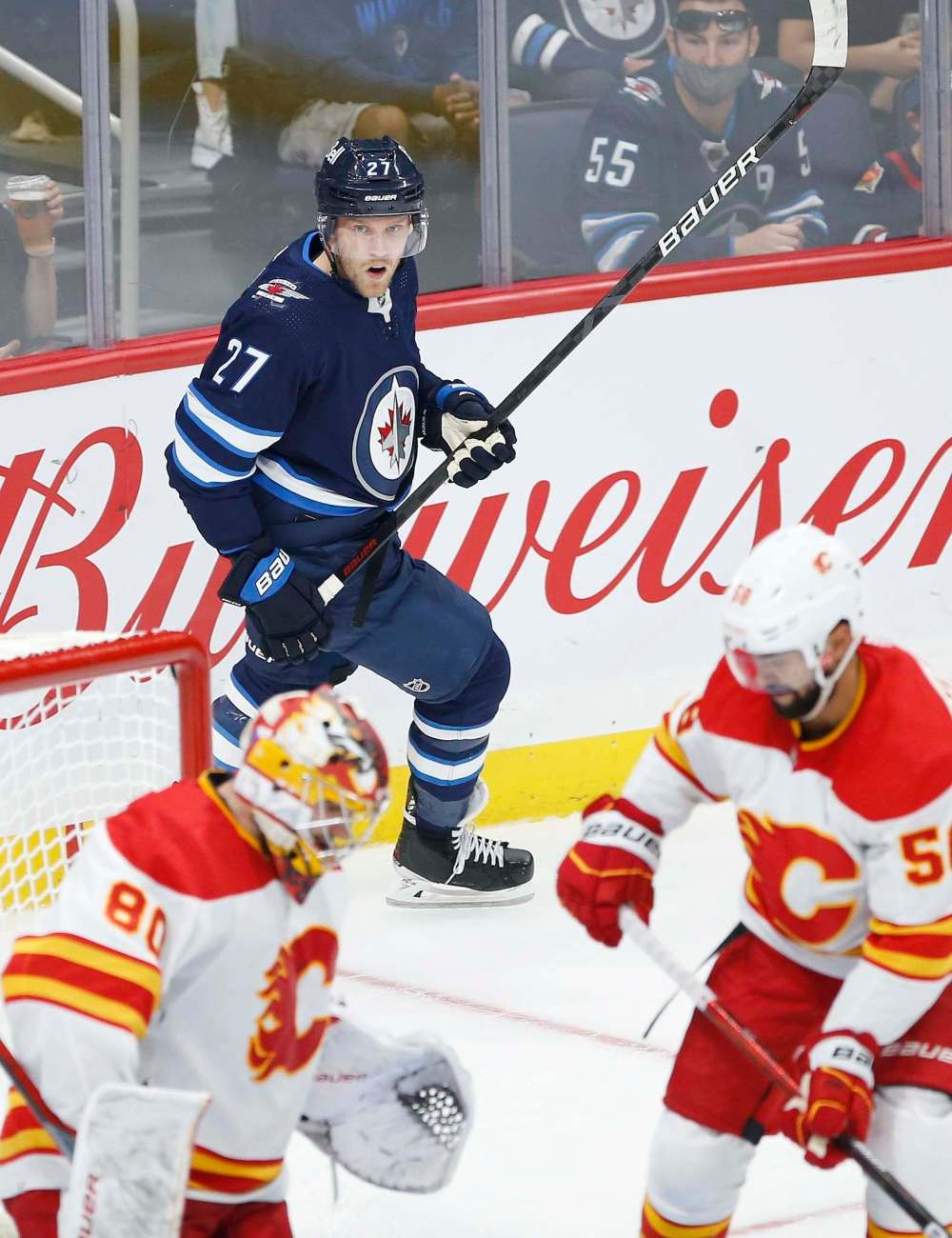 John Woods / The Canadian Press
Winnipeg Jets' Nikolaj Ehlers reacts after Calgary Flames goaltender Dan Vladar makes a save in third period NHL pre-season game action in Winnipeg on Wednesday.
