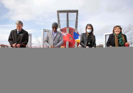 JESSICA LEE / WINNIPEG FREE PRESSFrom left, MP Terry Duguid, Khawja Latif, President of Manitoba Bangladesh Bhaban Corporation, Sheryl McCorrister, Principal of South East Collegiate and Councillor Janice Lukes cut the ribbon at the new International Mother Language Plaza at Kirkbridge Park.