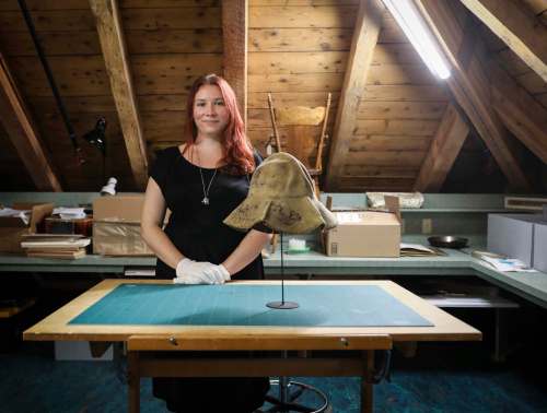 Among the items at the St. Boniface Museum is this hat, which belonged to curator Emilie Bordeleau-Laroche&rsquo;s great-great grandfather Alfred Desorches, who fought in the 1885 Battle of Frog Lake. The suede hat bears marks of that battle and others. (Jessica Lee / Winnipeg Free Press)