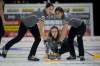 Michael Burns / Curling Canada
Skip Mackenzie Zacharias delivers a stone as third Karlee Burgess (left) and second Emily Zacharias brush at the Canadian Olympic Pre-Trials in Liverpool, N.S.