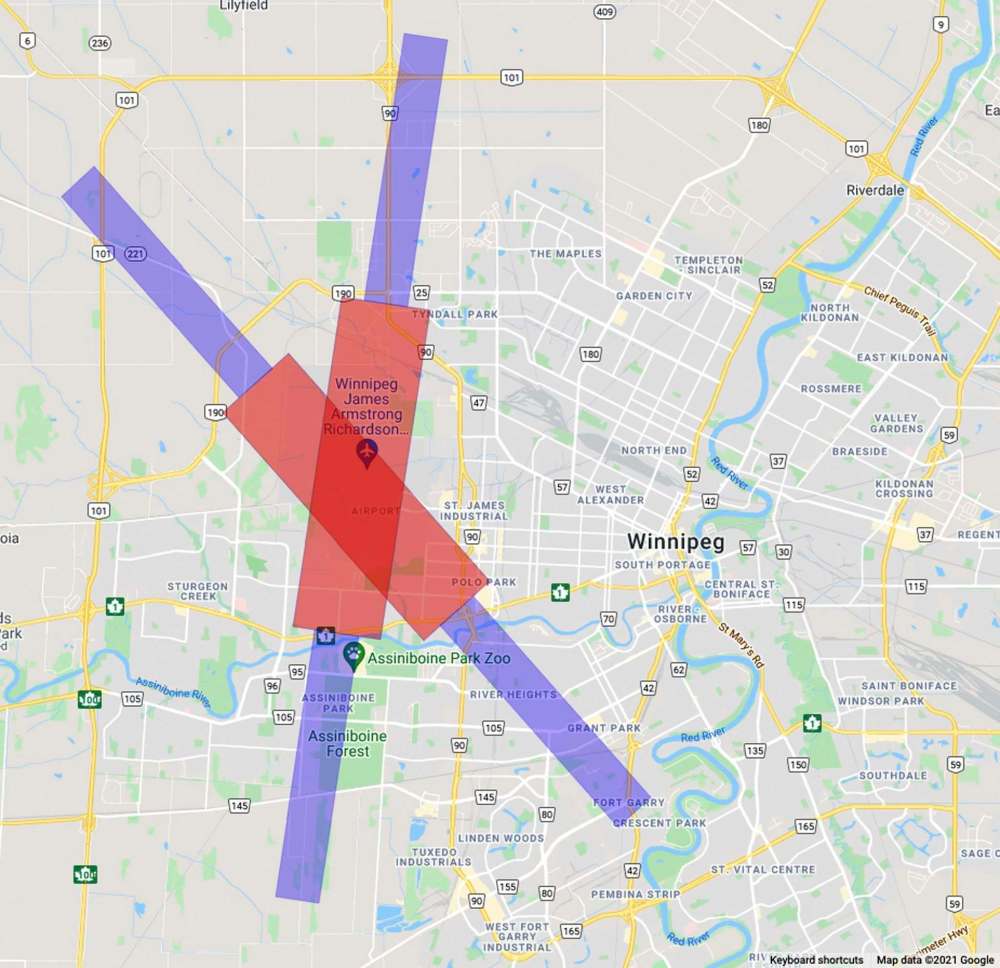 Google Maps / Industry Canada
The map, labelled by Industry Canada, shows where it proposes limiting 5G connections, in order to avoid interference with airplane navigation. The red areas show where 5G base stations would be banned, while the purple areas would limit how powerfully those stations could transmit data.
Winnipeg Free Press 2021