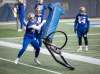 JESSICA LEE / WINNIPEG FREE PRESS
Kevin Brown II gets the better of a blocking sled during Tuesday's practice.