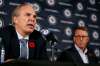 Winnipeg Jets General Manager Kevin Cheveldayoff (left) speaks to media regarding his role in the Chicago Blackhawks sexual abuse report in Winnipeg Tuesday. (John Woods / Winnipeg Free Press)