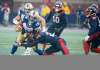 Montreal Alouettes' Marc-Antoine Dequoy, right, tackles Winnipeg Blue Bombers' Nic Demski during second half CFL football action in Montreal, Saturday, Nov. 13, 2021. (Graham Hughes / The Canadian Press)