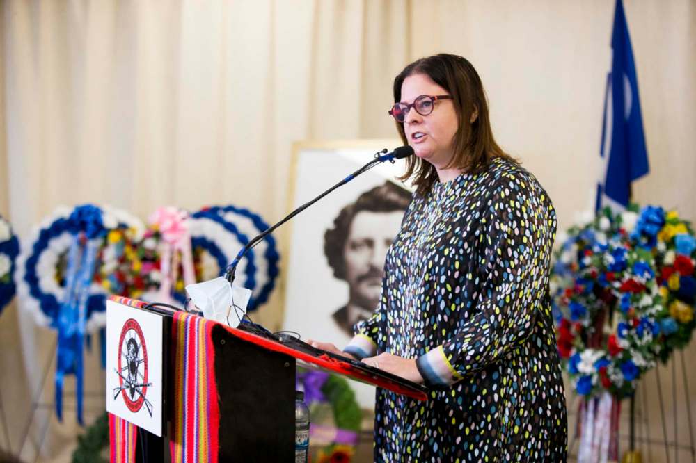 MIKAELA MACKENZIE / WINNIPEG FREE PRESS
Premier Heather Stefanson at an event commemorating Louis Riel on the anniversary of his execution at the MMF head office in Winnipeg on Tuesday.