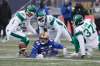 Winnipeg Blue Bombers' receiver Drew Wolitarsky fumbles the ball as he reaches for a touchdown against the Saskatchewan Roughriders during the first half of the Western final in Winnipeg on Sunday. THE CANADIAN PRESS/John Woods