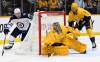 Nashville Predators goaltender Juuse Saros clears the puck away from Winnipeg Jets centre Paul Stastny during the first period Thursday, in Nashville, Tenn. (AP Photo/Mark Zaleski)