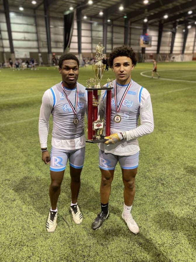 Mekhi Tyrell (left) and Dallas Sims helped Recruit Ready win a touch football tournament in Moose Jaw, Sask., on Sunday. The pair of receivers from Winnipeg have caught the attention of NCAA Div. I programs. (Supplied photo)