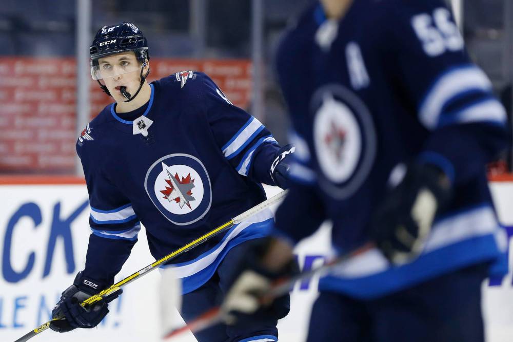JOHN WOODS / FREE PRESS FILES
Rookie forward Kristian Reichel moved up in Thursday’s game to take Perfetti’s spot on a line with Kyle Connor and Pierre-Luc Dubois, and helped set up Josh Morrissey’s game-winner