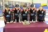 Coach Blaine Malo, left, lead Alexander Fontaine, second Elias Huminicki, third Reece Hamm and skip Jordon McDonald of the Deer Lodge won the Manitoba junior men's curling championship Sunday at the Brandon Curling Club (Lucas Punkari/The Brandon Sun)