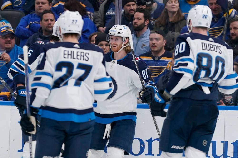 JEFF ROBERSON / ASSOCIATED PRESS PHOTO
Winnipeg Jets’ Kyle Connor (81) is congratulated by teammates after scoring during the third period of an NHL hockey game against the St. Louis Blues in St. Louis.