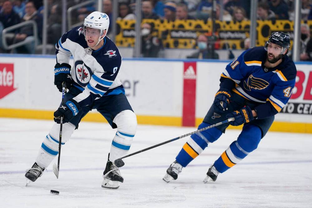 Jeff Roberson / The Associated Press files
Andrew Copp left Sunday’s game against the St. Louis Blues after taking a high hit from Oskar Sundqvist in the third period.