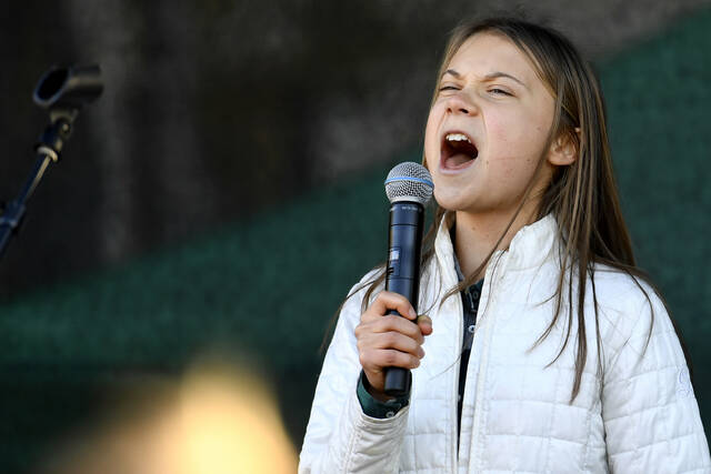Swedish climate activist Greta Thunberg speaks during a Fridays for Future global climate strike protest in Stockholm on Oct. 22. (Erik Simander / Associated Press files)