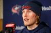 MIKE DEAL / WINNIPEG FREE PRESS Former Winnipeg Jet, Patrik Laine, who was traded to the Columbus Blue Jackets in 2021 talks to the media about playing his first game as an opponent in the Canada Life Centre. 220325 - Friday, March 25, 2022.
