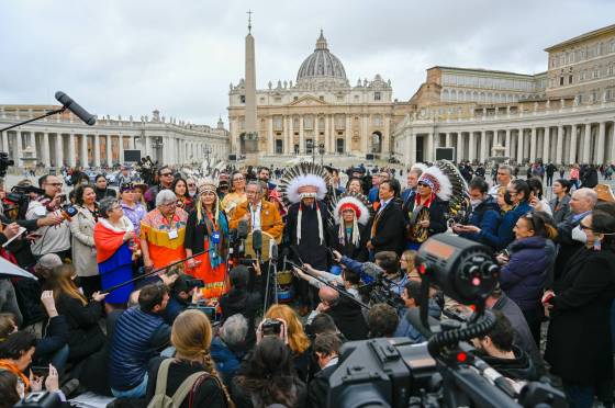 Indigenous representatives of the delegation fielded questions outside St. Peter’s Basilica after meeting with the Pope. (John Longhurst / Winnipeg Free Press)