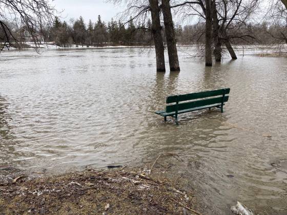 A partially submerged bench at Crescent Drive Park on Saturday afternoon. (Adam Treusch / Winnipeg Free Press)