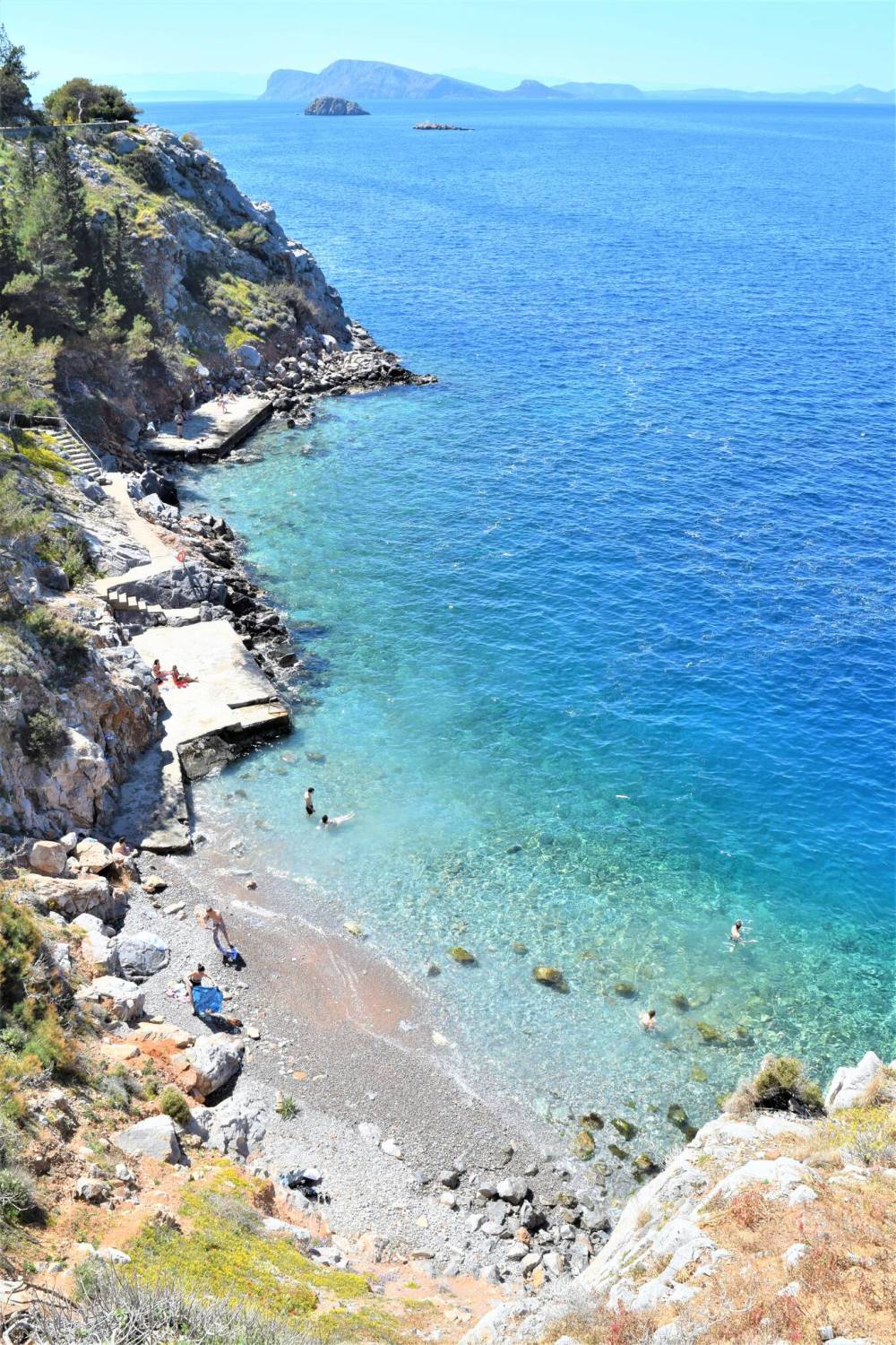 Avlaki Beach in Hydra is accessed down 85 steps from the clifftop footpath.
