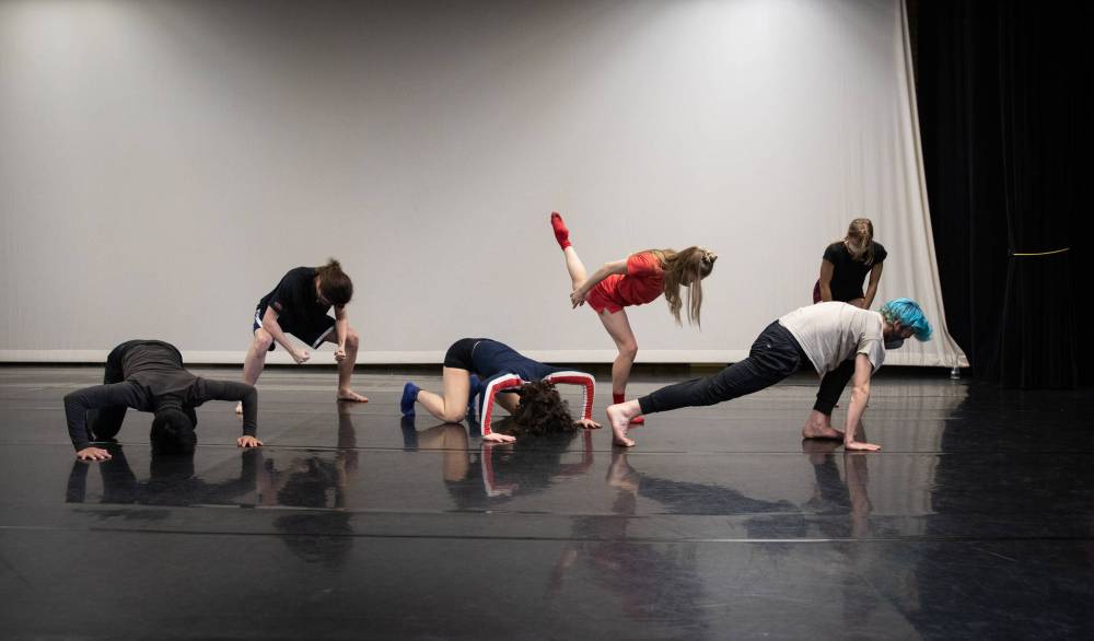 Photos by  JESSICA LEE / WINNIPEG FREE PRESS
In Between Here and Now features dancers (from left) Julious Gambalan, Shawn Maclaine, Carol-Ann Bohrn, Kira Hofmann, Warren McClelland and Shayla Rudd exploring discomfort.