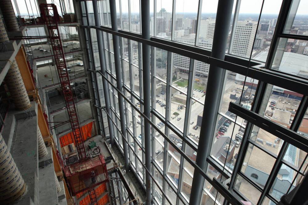 The 22-story building features Platinum LEED certification, geothermal heating and cooling,
a passive ventilation system, a winter garden, solar chimney, and water garden. (Ken Gigliotti / Winnipeg Free Press files)