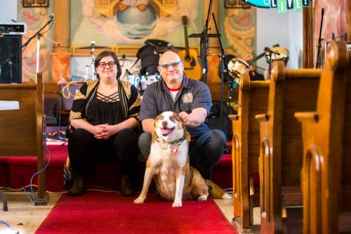 MIKAELA MACKENZIE / WINNIPEG FREE PRESS
Vaile and Hughes, with dog Zoey (available for adoption via Manitoba Great Pyrenees Rescue), have inspired a community of helpers to create along with them.