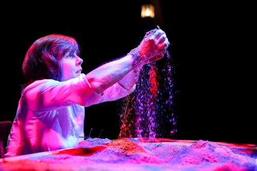 LEIF NORMAN PHOTO
In the play’s tabletop sandbox feature, Debbie Patterson is not only the star but director and set designer of Anne Hathaway’s own story.