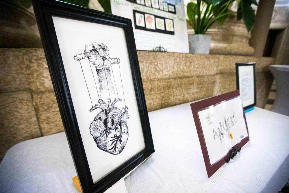 Some of the Argyle Alternative High School students’ art on display at the Manitoba Legislative Building. (Mikaela MacKenzie / Winnipeg Free Press)