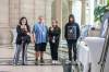 Argyle Alternative High School students Ricki-Lynn Crain (from left), Ethan McInnes, Maia Kasian and Tyler Boyle showcase their art at the Manitoba Legislative Building on Friday. (Mikaela MacKenzie / Winnipeg Free Press)