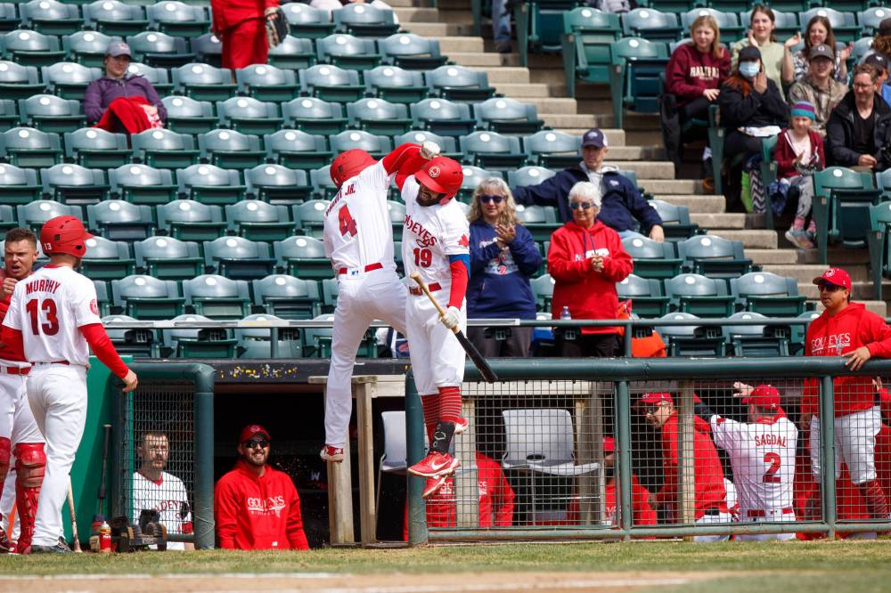 MIKE DEAL / WINNIPEG FREE PRESS
Winnipeg’s bats were booming from the get-go, with Reggie Pruitt Jr. smashing a grand slam in the bottom of the first inning and Eric Rivera connecting on a solo shot in the second, as the Fish (4-2) completed a three-game sweep of the Canaries.