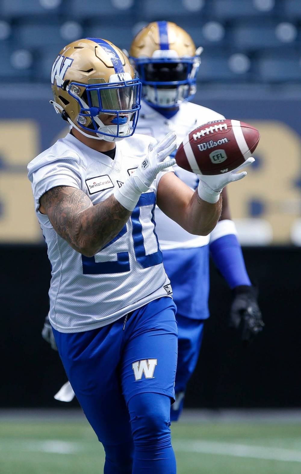 Oliveira hauls in a pass Monday. (John Woods / Winnipeg Free Press)