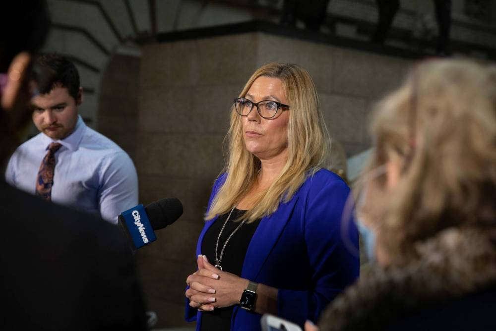 JESSICA LEE / WINNIPEG FREE PRESS Families Minister Rochelle Squires speaks to media during a scrum on May 30, 2022 at the Manitoba Legislative Building. Reporter: Danielle Da Silva