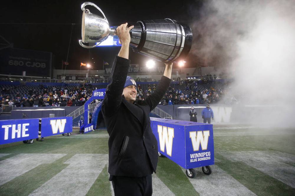 Winnipeg Blue Bombers quarterback Zach Collaros celebrates after their Grey Cup win on Sunday over the Hamilton Tiger-Cats during a Grey Cup celebration at IG Field in Winnipeg on Wednesday. THE CANADIAN PRESS/John Woods