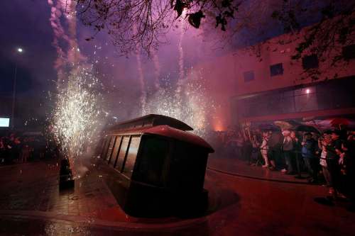 PHIL HOSSACK / WINNIPEG FREE PRESS FILES
Fireworks erupt on June 21 during the dedication ceremony for Bloody Saturday, the statue of the streetcar that was toppled a century earlier during the Winnipeg General Strike of 1919.
