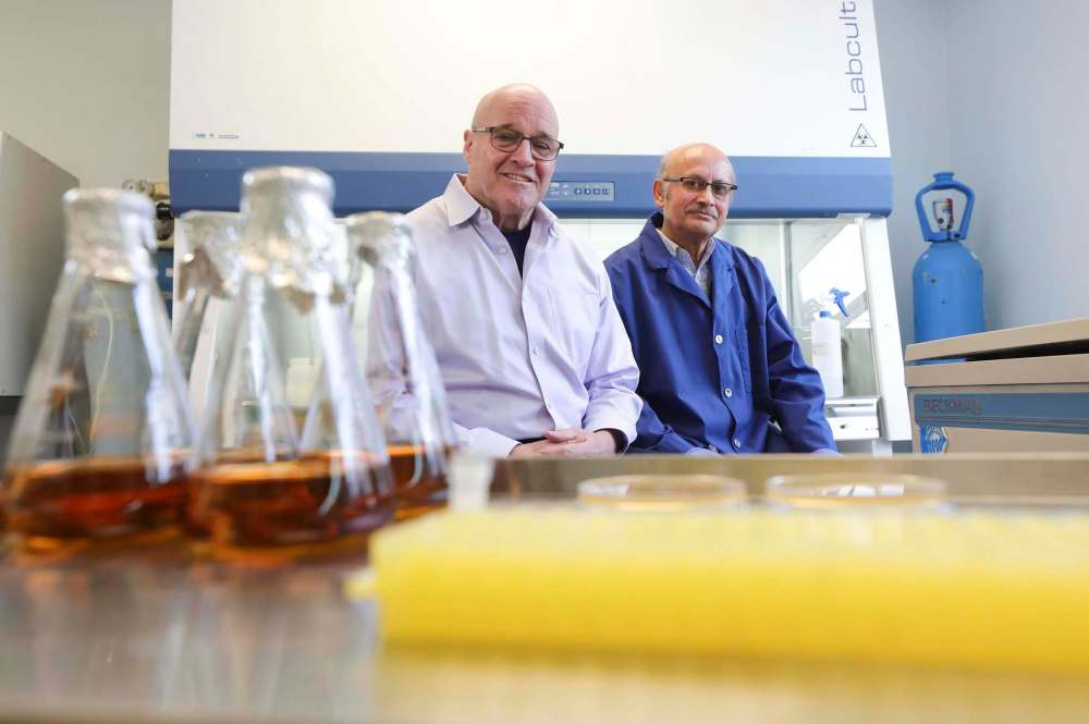 Hare (left), with Dr. Pradip K. Maiti, said, immunologists, including some doctors taking part in the clinical trial, are still incredulous about results from some of the compassionate trials that have produced full recovery and no recurrence. (Ruth Bonneville / Winnipeg Free Press)
